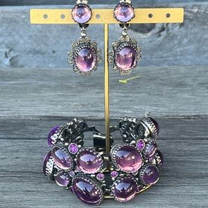 Vintage Purple Glass Beaded Art Nouveau Style Bracelet & Clip-On Earrings Set